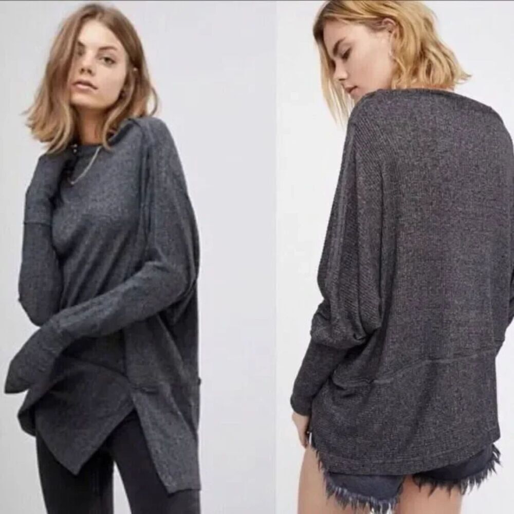 FREE PEOPLE We The Free Gray Boho Oversized Boat Neck Thermal Top Size Small
